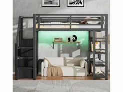 ModernLuxe Cama Alta|Cama Infantil|Cama altillo de metal 140x200cm - con LED - escalera de almacenamiento - con armario y estantes - ​ (sin colchón)