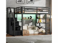 ModernLuxe Cama Alta|Cama Infantil|Cama altillo de metal 140x200cm - con LED - escalera de almacenamiento - con armario y estantes - ​ (sin colchón)