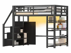 ModernLuxe Cama Alta|Cama Infantil|Cama altillo de metal 140x200cm - con LED - escalera de almacenamiento - con armario y estantes - ​ (sin colchón)