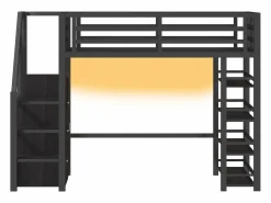 ModernLuxe Cama Alta|Cama Infantil|Cama altillo de metal 140x200cm - con LED - escalera de almacenamiento - con armario y estantes - ​ (sin colchón)