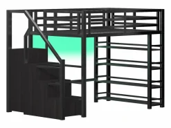 ModernLuxe Cama Alta|Cama Infantil|Cama altillo de metal 140x200cm - con LED - escalera de almacenamiento - con armario y estantes - ​ (sin colchón)