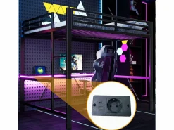 ModernLuxe Cama altillo de metal 160x200cm - con escritorio - con iluminación LED y puerto de carga USB - ​ (sin colchón) Negro