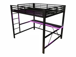 ModernLuxe Cama altillo de metal 160x200cm - con escritorio - con iluminación LED y puerto de carga USB - ​ (sin colchón) Negro