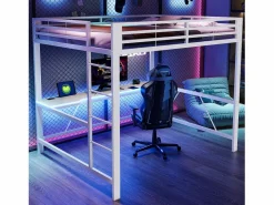 Cama altillo de metal 160x200cm - con escritorio - con iluminación LED y puerto de carga USB - ​ (sin colchón)^ModernLuxe Outlet