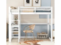 ModernLuxe Cama Alta|Cama altillo de pino macizo de 140x200 cm con escritorio y estantes -