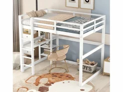 ModernLuxe Cama Alta|Cama altillo de pino macizo de 140x200 cm con escritorio y estantes -