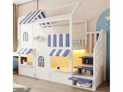 Cama altillo infantil 90 x 200 cm - con escalera de almacenamiento - con luz LED - con 1 puerta - blanco + azul​ (colchón no incluido)^ModernLuxe New