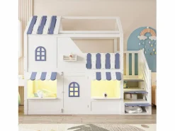 Cama altillo infantil 90 x 200 cm - con escalera de almacenamiento - con luz LED - con 1 puerta - blanco + azul​ (colchón no incluido)^ModernLuxe New