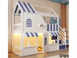 Cama altillo infantil 90 x 200 cm - con escalera de almacenamiento - con luz LED - con 1 puerta - blanco + azul​ (colchón no incluido)^ModernLuxe New