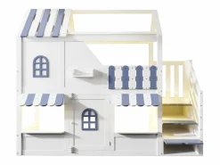 Cama altillo infantil 90 x 200 cm - con escalera de almacenamiento - con luz LED - con 1 puerta - blanco + azul​ (colchón no incluido)^ModernLuxe New