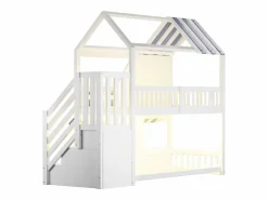 Cama altillo infantil 90 x 200 cm - con escalera de almacenamiento - con luz LED - con 1 puerta - blanco + azul​ (colchón no incluido)^ModernLuxe New