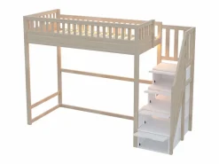 ModernLuxe Cama altillo 90x200 cm - con escalera de seguridad - con barreras de seguridad - con iluminación LED - natural​ (colchón no incluido) Color natural claro / Blanco Online