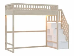 ModernLuxe Cama altillo 90x200 cm - con escalera de seguridad - con barreras de seguridad - con iluminación LED - natural​ (colchón no incluido) Color natural claro / Blanco Online