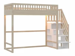 ModernLuxe Cama altillo 90x200 cm - con escalera de seguridad - con barreras de seguridad - con iluminación LED - natural​ (colchón no incluido) Color natural claro / Blanco Online