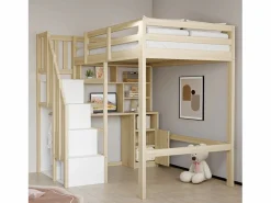 Cama altillo 90x200 cm - con estantes - con mesa de trabajo - con escalera - natural (colchón no incluido)^ModernLuxe Hot