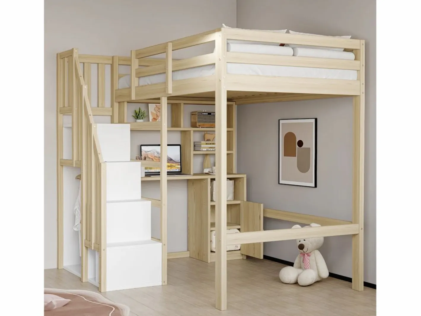Cama altillo 90x200 cm - con estantes - con mesa de trabajo - con escalera - natural (colchón no incluido)^ModernLuxe Hot