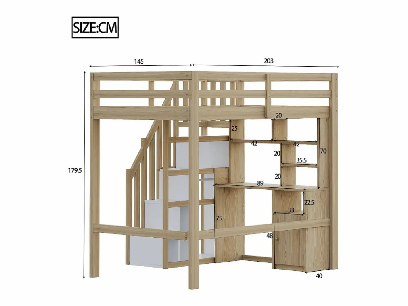 Cama altillo 90x200 cm - con estantes - con mesa de trabajo - con escalera - natural (colchón no incluido)^ModernLuxe Hot