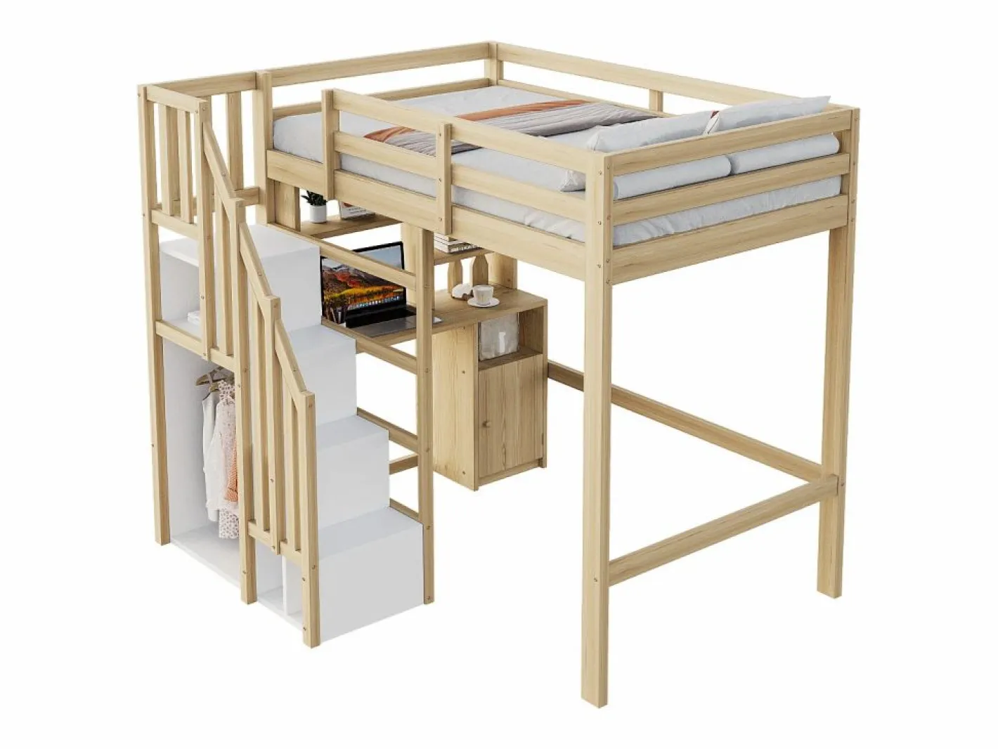 Cama altillo 90x200 cm - con estantes - con mesa de trabajo - con escalera - natural (colchón no incluido)^ModernLuxe Hot