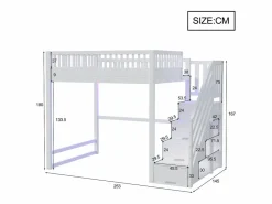 ModernLuxe Cama altillo 140x200 cm - con escalera de seguridad - con barreras de seguridad - equipado de luces LED - ​ (colchón no incluido) Blanco New