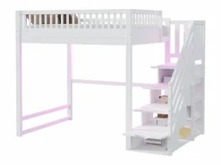 ModernLuxe Cama altillo 140x200 cm - con escalera de seguridad - con barreras de seguridad - equipado de luces LED - ​ (colchón no incluido) Blanco New