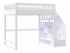 ModernLuxe Cama altillo 140x200 cm - con escalera de seguridad - con barreras de seguridad - equipado de luces LED - ​ (colchón no incluido) Blanco New