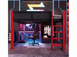 ModernLuxe Cama altillo 140x200cm - con iluminación LED - con escritorio - con escalera y armario - con 1 cajón - negro + rojo​ (colchón no incluido) Negro / Rojo Clearance