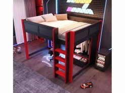 ModernLuxe Cama altillo 140x200cm - con iluminación LED - con escritorio - con escalera y armario - con 1 cajón - negro + rojo​ (colchón no incluido) Negro / Rojo Clearance