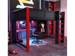 ModernLuxe Cama altillo 140x200cm - con iluminación LED - con escritorio - con escalera y armario - con 1 cajón - negro + rojo​ (colchón no incluido) Negro / Rojo Clearance