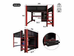 ModernLuxe Cama altillo 140x200cm - con iluminación LED - con escritorio - con escalera y armario - con 1 cajón - negro + rojo​ (colchón no incluido) Negro / Rojo Clearance