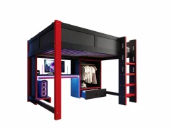 ModernLuxe Cama altillo 140x200cm - con iluminación LED - con escritorio - con escalera y armario - con 1 cajón - negro + rojo​ (colchón no incluido) Negro / Rojo Clearance