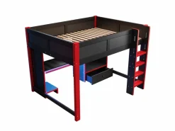 ModernLuxe Cama altillo 140x200cm - con iluminación LED - con escritorio - con escalera y armario - con 1 cajón - negro + rojo​ (colchón no incluido) Negro / Rojo Clearance