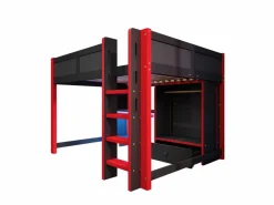 ModernLuxe Cama altillo 140x200cm - con iluminación LED - con escritorio - con escalera y armario - con 1 cajón - negro + rojo​ (colchón no incluido) Negro / Rojo Clearance