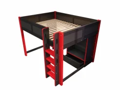 ModernLuxe Cama altillo 140x200cm - con iluminación LED - con escritorio - con escalera y armario - con 1 cajón - negro + rojo​ (colchón no incluido) Negro / Rojo Clearance