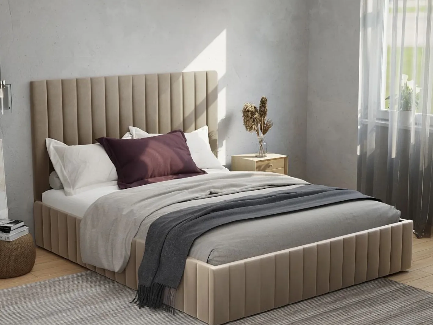 Cama arcón cabecero costuras verticales 160 x 200 cm terciopelo gris arenoso - LARALI II^Vente-unique New