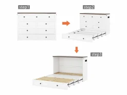 KOMHTOM Cama Abatible|Cama armario 140 x 200, con cajones al final de la cama y estantes en la cabecera, con USB y enchufes,