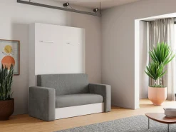 Vente-unique Cama Abatible|Cama armario batiente con sofá 140 x 200 cm blanco y gris + colchón - VACIALA II