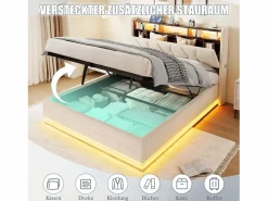 Merax Cama Terciopelo|Cama Con Canapé|Cama basculante hidráulica - 160 x 200 cm - con LED + bolsillos laterales + USB/Tipo C + cabecero con almacenaje - terciopelo -