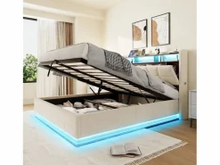 Merax Cama Terciopelo|Cama Con Canapé|Cama basculante hidráulica - 160 x 200 cm - con LED + bolsillos laterales + USB/Tipo C + cabecero con almacenaje - terciopelo -