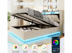 Merax Cama Terciopelo|Cama Con Canapé|Cama basculante hidráulica - 160 x 200 cm - con LED + bolsillos laterales + USB/Tipo C + cabecero con almacenaje - terciopelo -