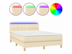 Clicnbuy Somier - 140X190Cm|Cama box spring colchón y luces LED tela crema 140x190 cm