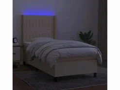 Cama box spring colchón y luces LED tela color crema 90x190 cm^Clicnbuy