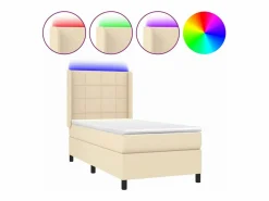 Cama box spring colchón y luces LED tela color crema 90x190 cm^Clicnbuy