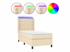 Clicnbuy Somier Tapizado|Somier - 90X190Cm|Cama box spring colchón y luces LED tela color crema 90x190 cm