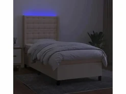 Clicnbuy Somier Tapizado|Somier - 90X190Cm|Cama box spring colchón y luces LED tela color crema 90x190 cm