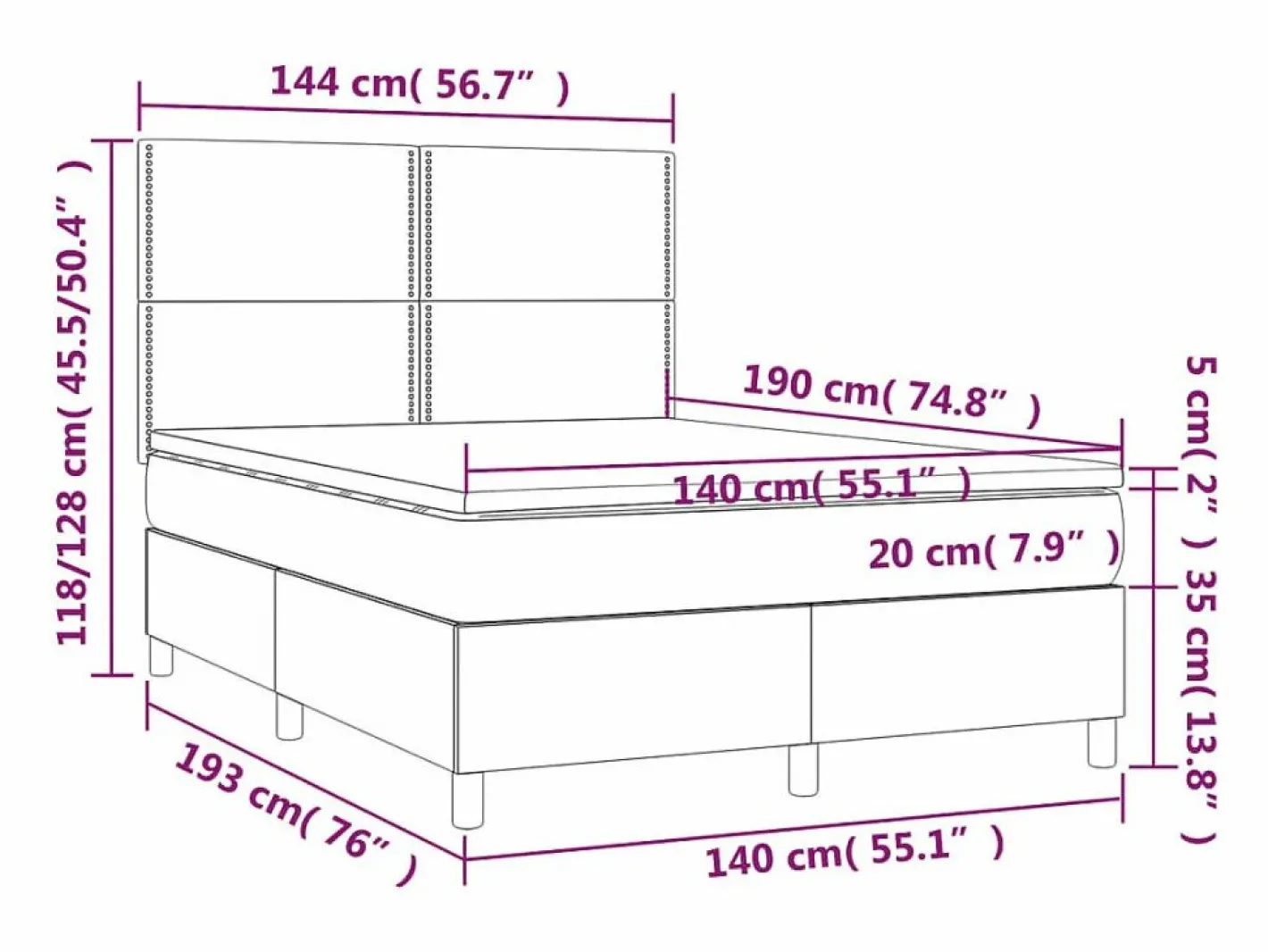 Cama box spring colchón y luces LED tela negro 140x190 cm^Clicnbuy Clearance