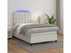 Cama box spring colchón y LED cuero sintético blanco 120x190 cm^Clicnbuy Online