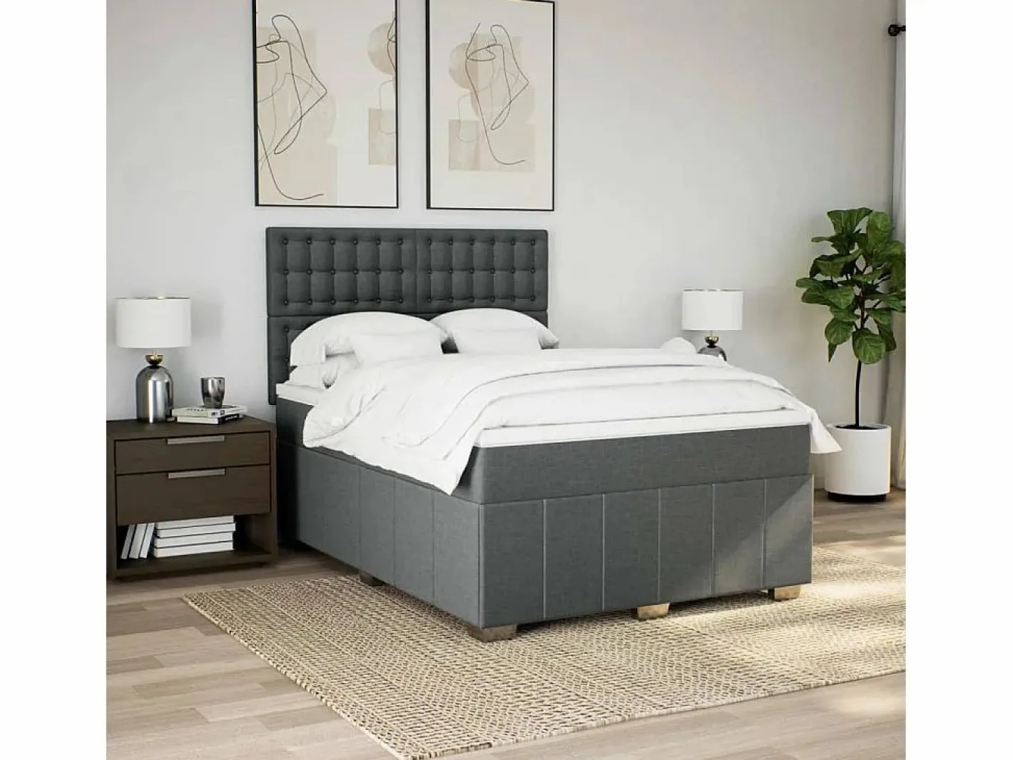 Clicnbuy Cama box spring con colchón tela oscuro 160x200 cm Gris
