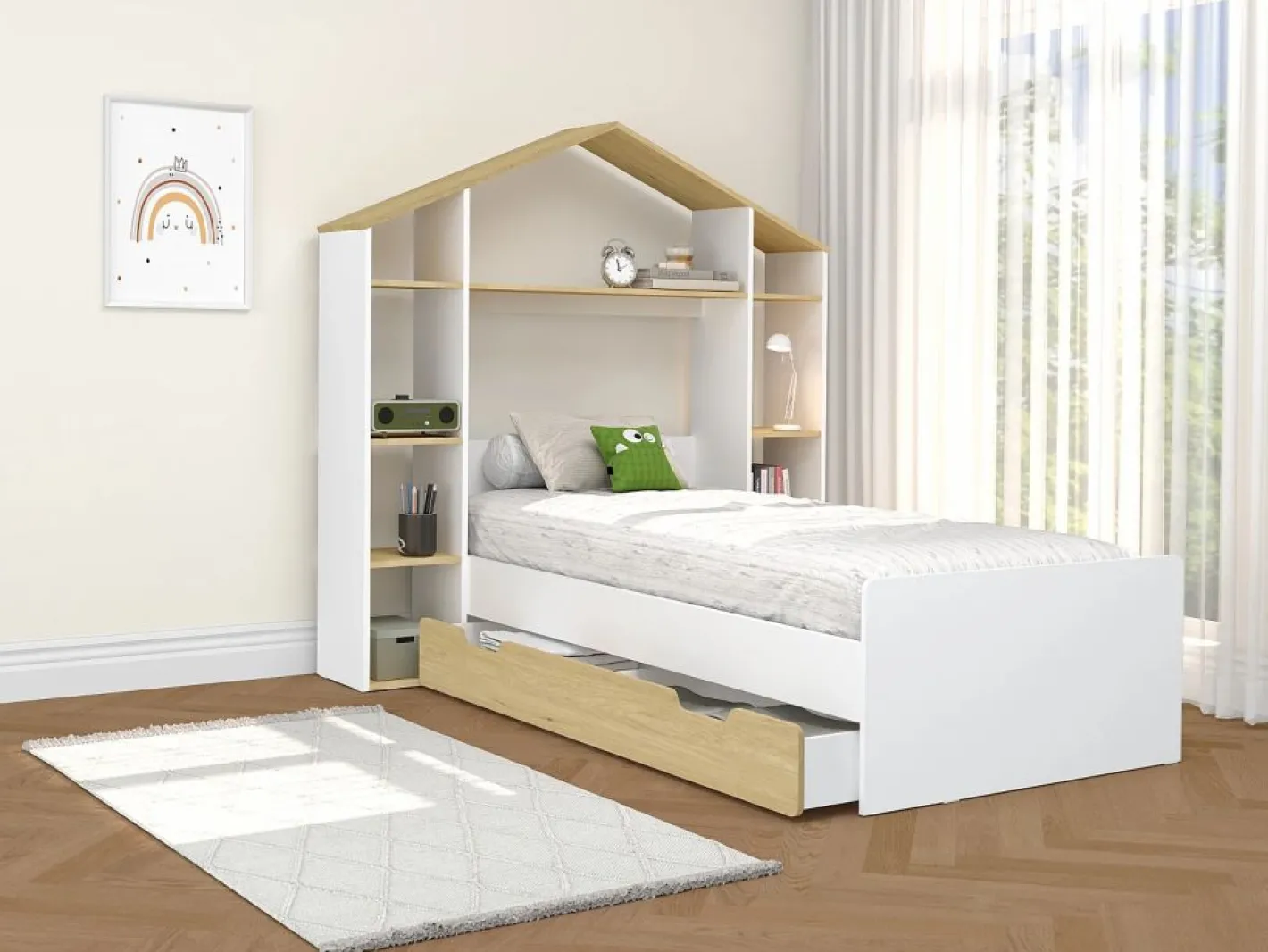 Vente-unique Cama Montessori|Cama cabaña 90 x 190 cm color blanco y natural + colchón - JERACO