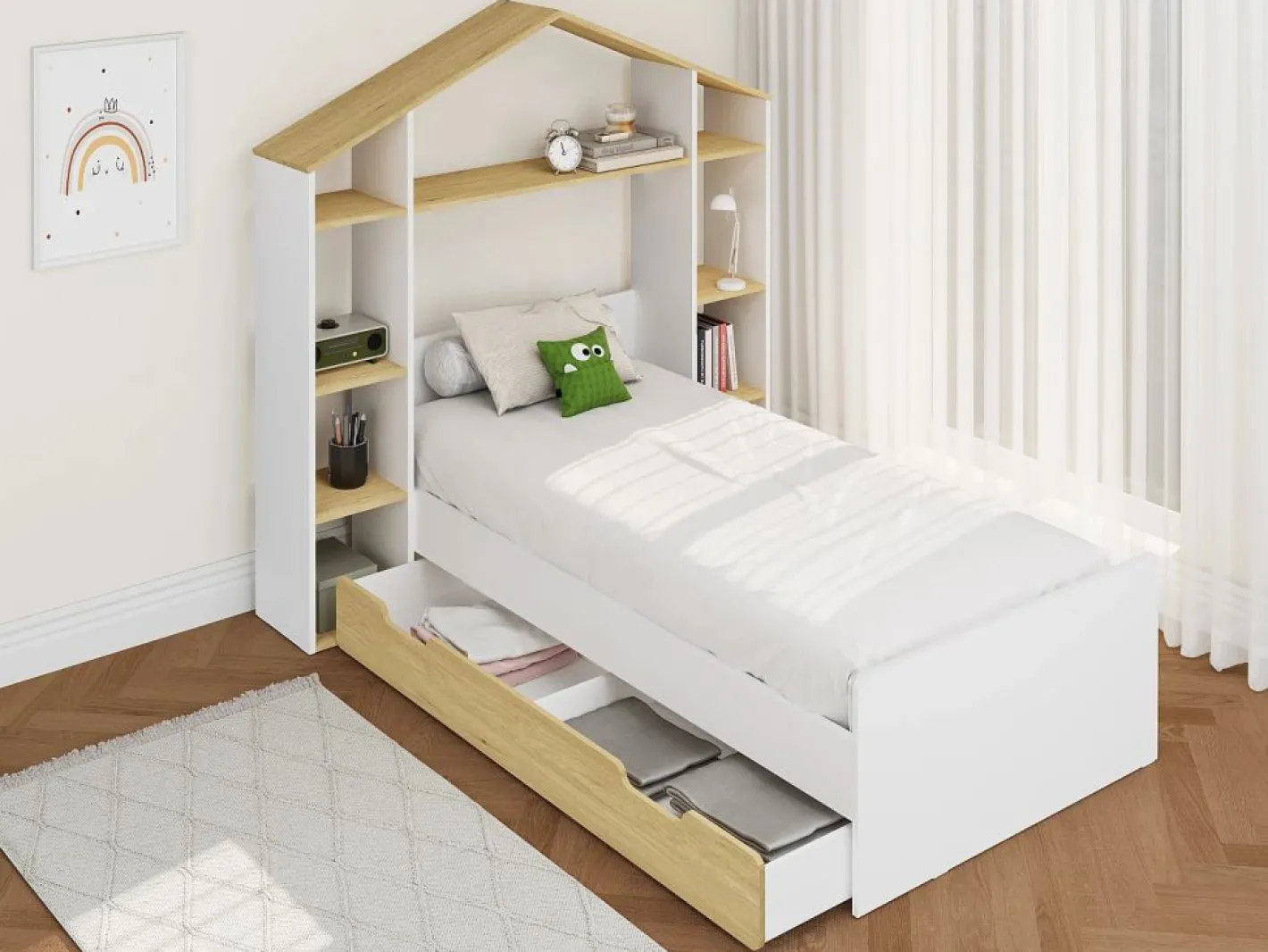 Vente-unique Cama Montessori|Cama cabaña 90 x 190 cm color blanco y natural + colchón - JERACO