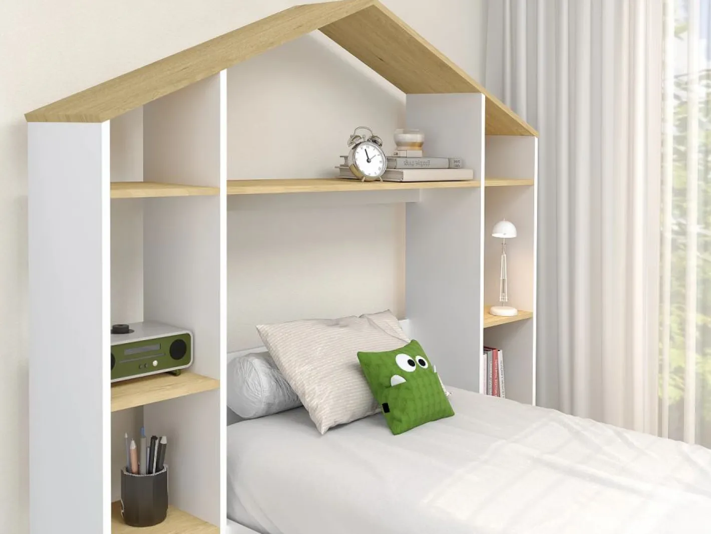 Vente-unique Cama Montessori|Cama cabaña 90 x 190 cm color blanco y natural + colchón - JERACO